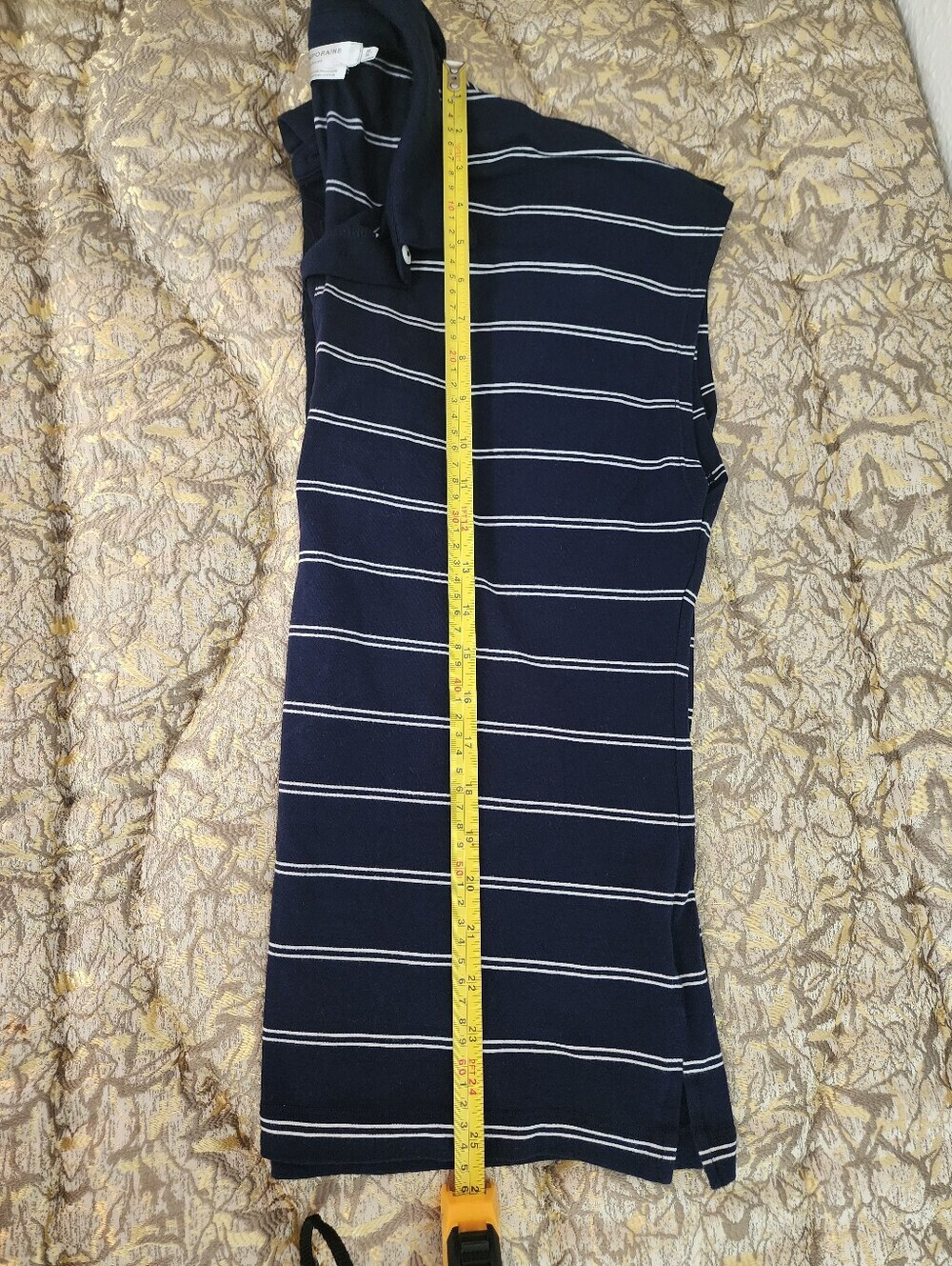 Simons Contemporaine Organic Cotton Navy & White Striped Preppy Polo Button-Down - Picture 7 of 8